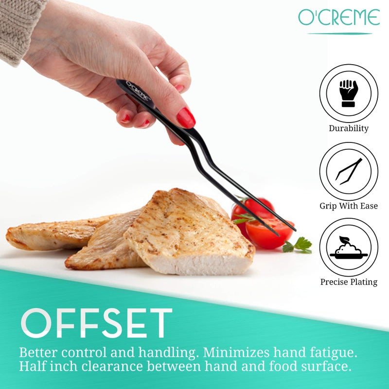 O'Creme 8 Inch Black Stainless Steel Precision Kitchen Culinary Offset Tweezer Tongs - Image 2